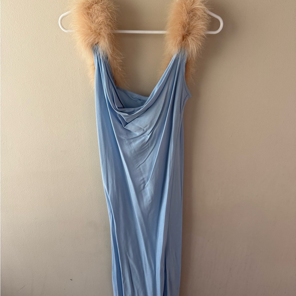 Sleeper Light Blue Feather Trim Dress
